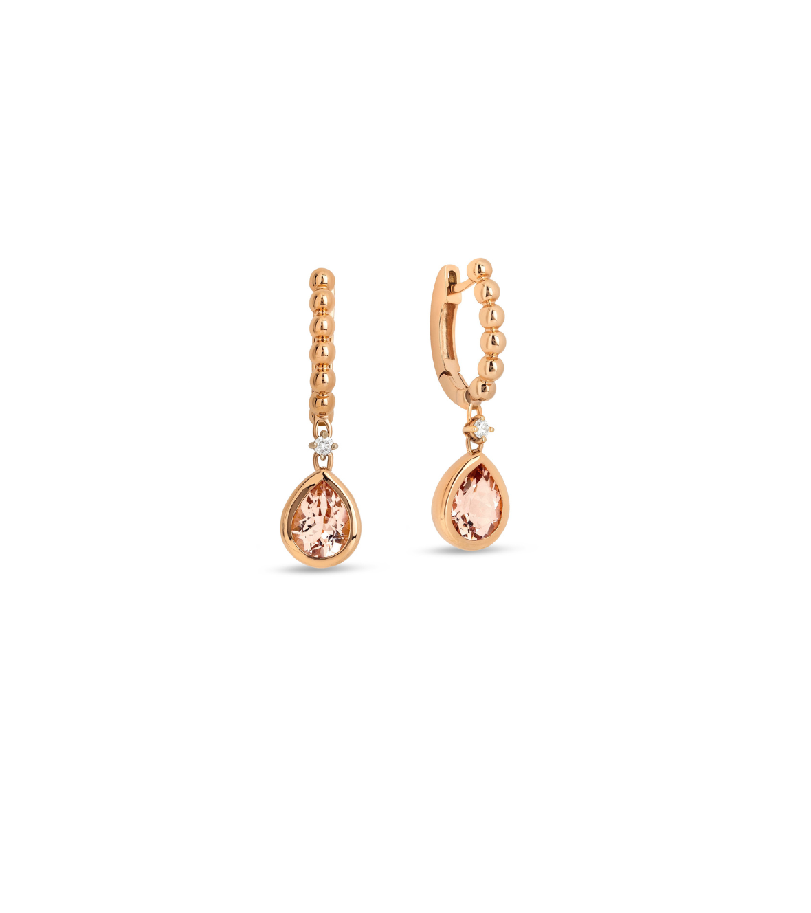 Pink gold 18k earrings with brilliant diamonds and pear shape morganites by Casato